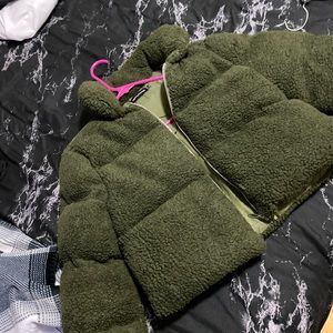 Crop Green Teddy Coat PLT